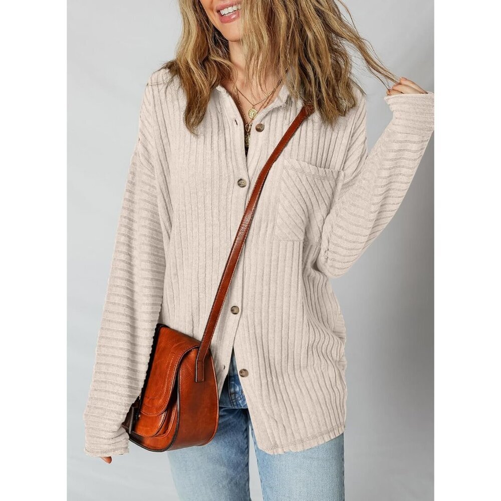 Women's Long Sleeve Beige Button Down Jacket Shirts Loose Sweater Blouses Tops - Picture 4 of 9